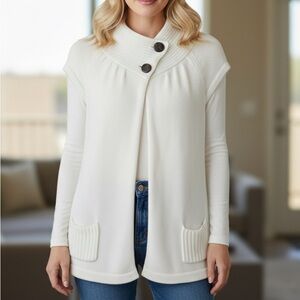 ROXY Cable Knit Sweater Cardigan Vest Ivory White Bold Buttons Pockets Size L